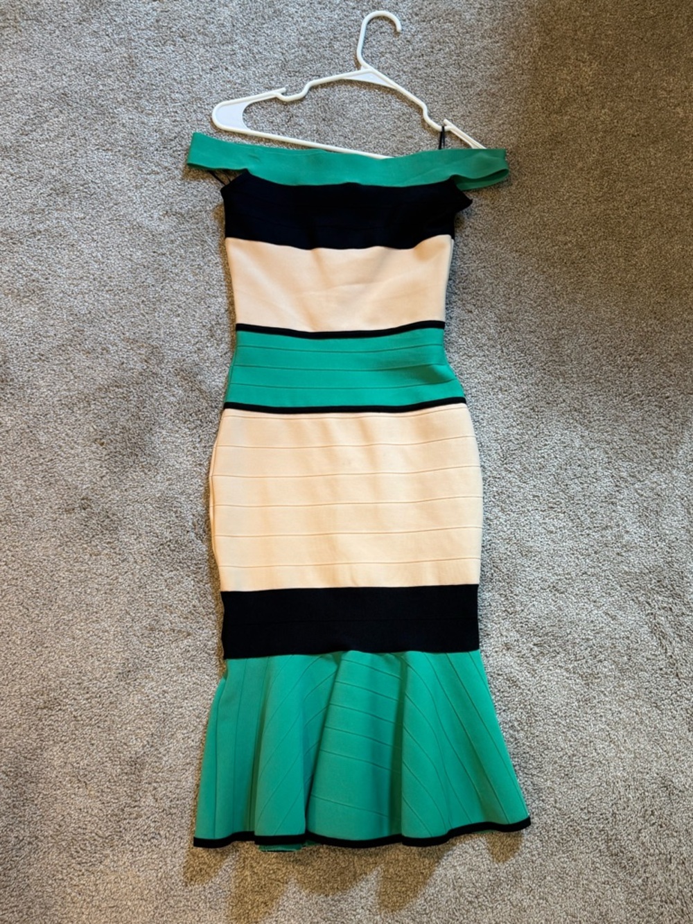 Off-Shoulder Striped Fit & Flare Dress in Green, Black & Cream